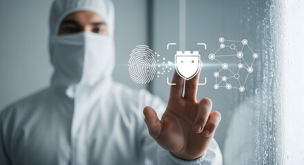 Cutting-edge cybersecurity professional in a cleanroom suit activates advanced data protection, utilizing biometric fingerprint scan on a futuristic digital interface