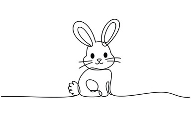 Obraz premium Charming Continuous One Line Art of a Cute Rabbit Sitting, Minimalist Bunny Illustration with Facial Details, Simple Black and White Vector Design
