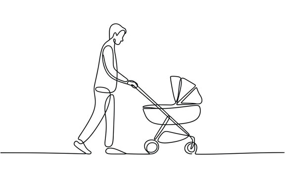 Modern Continuous One Line Drawing of a Father Pushing a Baby Stroller, Minimalist Family Concept Vector Illustration, Parenthood and Care