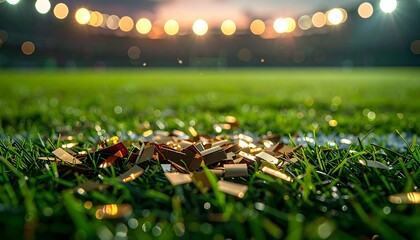 Shiny golden confetti pieces scattered on green football stadium grass field with blurred lights. Post game victory celebration atmosphere.