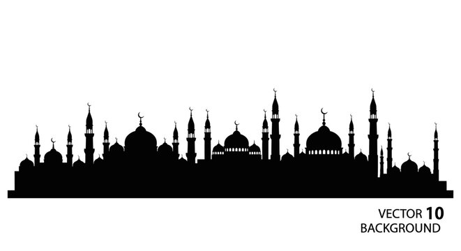 Vector illustration of mosque and masjid silhouettes in Indonesia, celebrating lebaran ied mubarak and ramadan kareem with a Muslim community theme.
