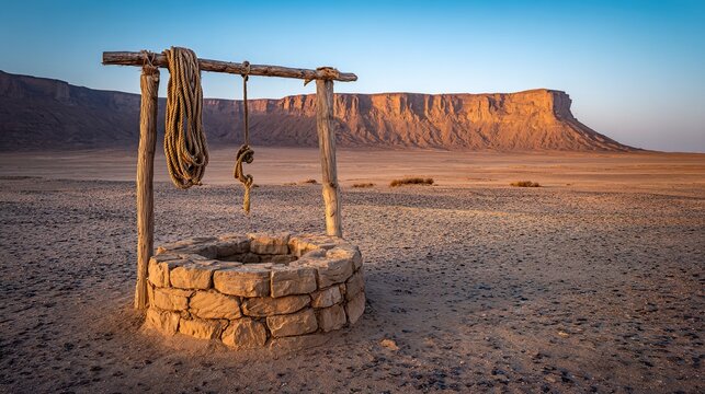 windlass. Ancient stone well with wooden windlass in a desert landscape at golden hour. travel magazines, destination branding, designed for travel destination branding, used by marketing managers.