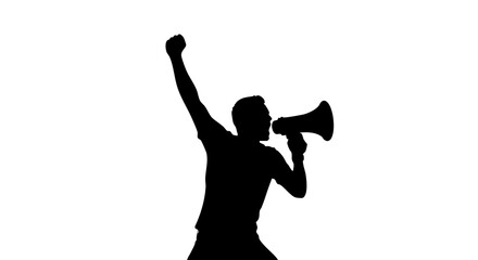 Person holding megaphone with raised arm in black silhouette on white background expressing protest or announcement