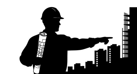 Construction worker pointing at cityscape with building plans urban development concept
