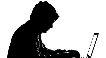 Silhouette of a hooded person using a laptop computer in a dark setting with a white background