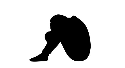 Person sitting in a contemplative pose with head down silhouette against a plain white background expressing sadness or despair emotional state mental health concept