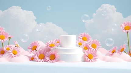Spring pastel cosmetic podium with flowers, clouds, and floating bubbles