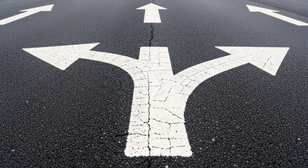White arrows on asphalt road indicating multiple directions