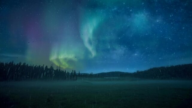 Cinematic digital art of swirling celestial lights in hues of emerald and violet arching over a rugged, ice-bound mountain range 4K.