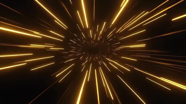 High tech light pulses in golden spectra race through a dark void, leaving glowing neon trails. Abstract motion design with futuristic depth, sharp highlights, and cinematic contrast. 
