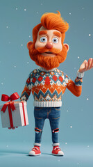 3d Cartoon Character A bearded man holding a gift box