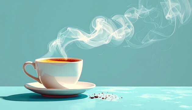 Aromatic Coffee Cup with Rising Steam on a Turquoise Surface.