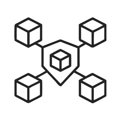Blockchain security node icon, connected cubes with shield, minimal geometric style for futuristic finance symbol.