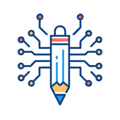 Creative AI tools icon, pencil merged with circuit lines, modern flat design for artistic technology concept.