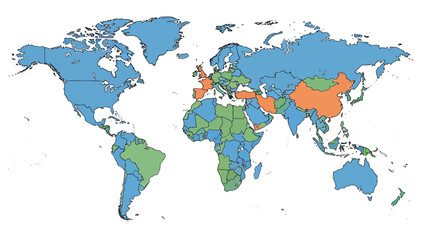 Obraz premium Dynamic Global Map Displaying Country-Specific Data Across Continents, Featuring Color-Coded Regions to Illustrate Worldwide Trends and Interconnected Societal Developments