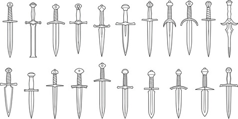 Naklejka premium Collection of various daggers and swords illustrated in a grid pattern on a plain background
