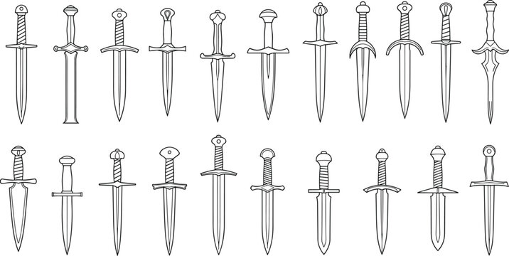 Collection of various daggers and swords illustrated in a grid pattern on a plain background