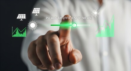Hand interacting with a holographic display showing 'PV ARRAY EFFICIENCY 96.24%', symbolizing advanced data management for solar power optimization and renewable energy technology monitoring