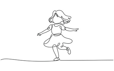 Minimalist One Line Drawing of a Young Girl Skipping and Dancing