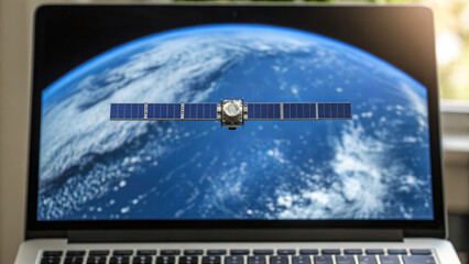 Satellite orbit earth laptop technology new digital world order scene shows orbit station above blue planet on screen