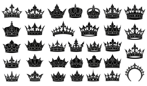 Ornate black crown silhouette grid with heraldic crown designs vector isolated on transparent background