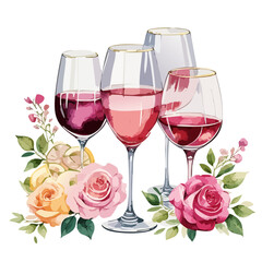 Valentines Pink Wine Glass with Roses Watercolor Vector Set &ndash; Romantic Floral Drink Illustration Collection