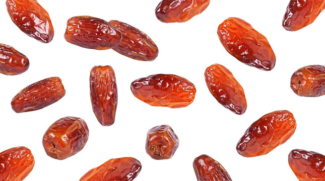 scattered dried dates with wrinkled texture, rich brown color, isolated on a plain transparent background, sweet fruit food photography.