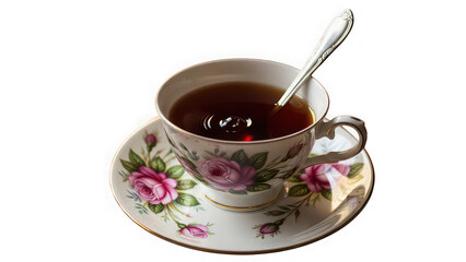 Fototapeta premium A delicate floral teacup filled with dark tea on a matching saucer with a silver spoon