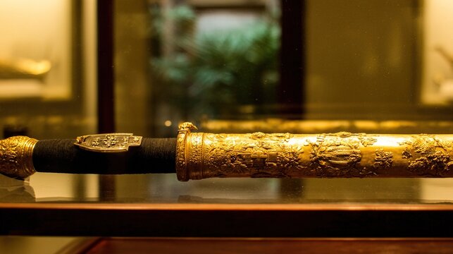 glaive. A ceremonial gilded glaive with carved shaft displayed in a museum. event programs, museum guides, designed for cultural heritage projects and event programs, preserves heritage.