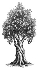 Fototapeta premium Detailed Olive Tree Illustration with Twisted Trunk and Abundant Fruit.