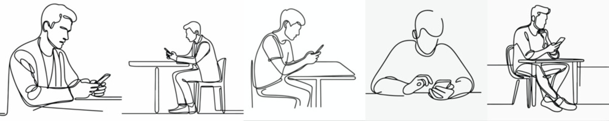 line art of a man sitting playing on his cell phone at a table © Ahmad