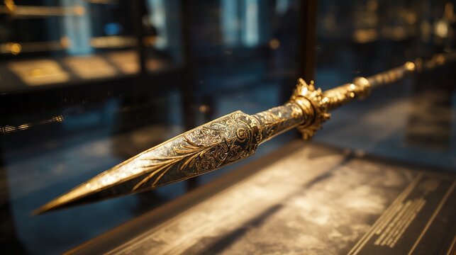 glaive. A ceremonial gilded glaive with carved shaft displayed in a museum. event programs, museum guides, designed for cultural heritage projects and event programs, preserves heritage.