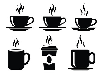 Obraz premium Hot coffee cup icons set with steam silhouettes isolated on white background