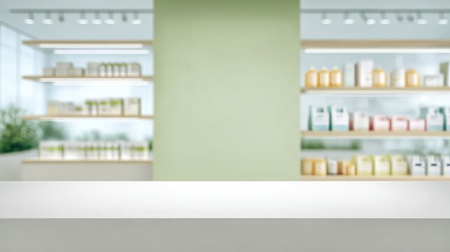 A clean and organized pharmacy interior with shelves stocked with various products.