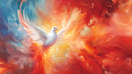 Radiant white dove soars through vibrant background of fiery reds and soft blues, symbolizing peace and hope amidst chaos