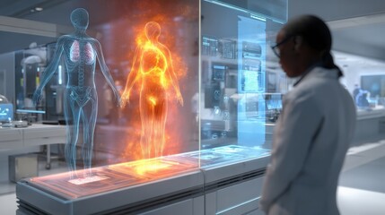 A scientist observes holographic displays of human anatomy in a high-tech lab, showcasing advanced medical technology and research.