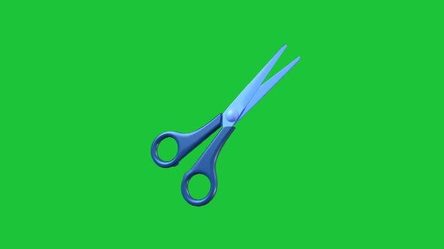 Blue scissors rotating on green screen background. Clean cutting tool animation isolated for editing and compositing use