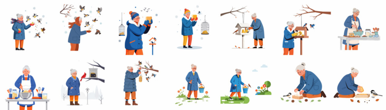 Senior Woman Feeding Wild Birds and Caring for Wildlife Set. Preparing Suet and Seeds in Winter and Spring for Bird Feeders.