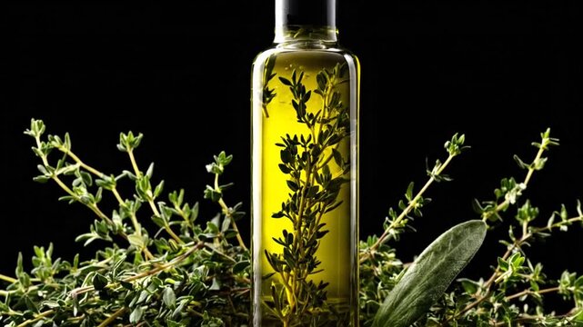 A square glass bottle filled with oil and thyme sprigs, surrounded by greenery. Dark background