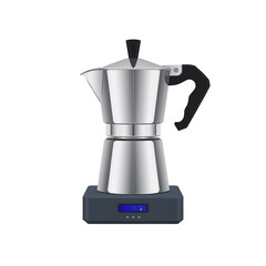 Silver stovetop espresso maker illustration with sleek design on transparent background