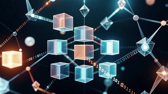Cinematic 3D Cubes and Spheres Interconnected in Dark Space, Slow Motion Video Footage