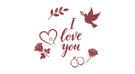 A romantic illustration showcases a dove hearts roses wedding rings and cursive text expressing love and affection