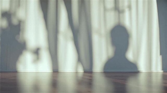 Soft Focus White Curtains with Shadows on Wall and Wooden Floor