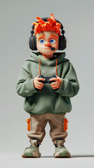 3d Cartoon Character A gamer man using headset and holding controller
