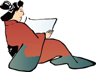紙を読む和服の女性イラスト｜浮世絵風の人物ベクター素材