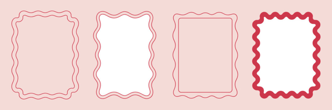 Wavy edge shapes frame, vector illustration isolated on white, squiggle curve doodle rectangle and oval sketch for design.