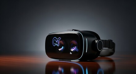 A black virtual reality headset with glowing displays on a reflective surface, showcasing advanced immersive technology.