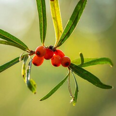 A close-up of a plant branch with vibrant red berries and green leaves against a blurred background