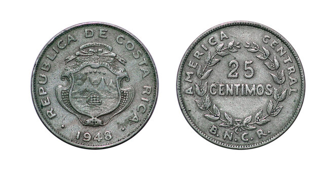 Coin 25 centimos. 1948 year. Republic of Costa Rica