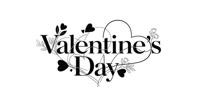 A decorative valentine s day illustration featuring cursive text hearts and floral flourishes in black and white high quality